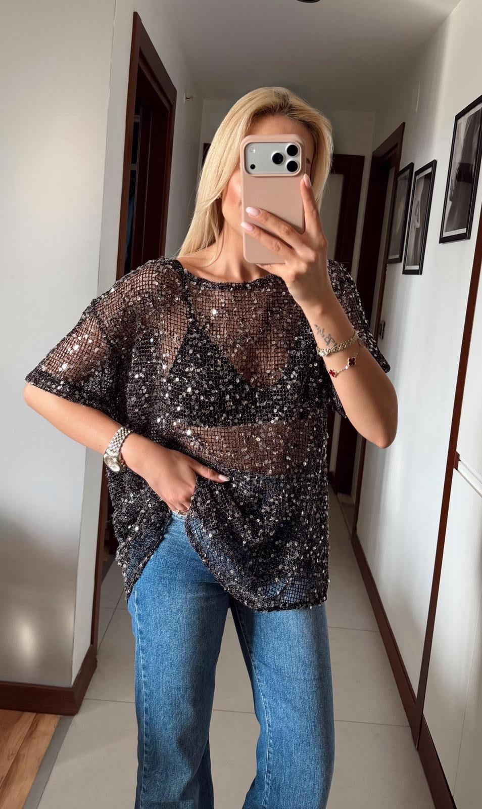 SİYAH ORJ MARKA ZR PUL DETAYLI BLUZ