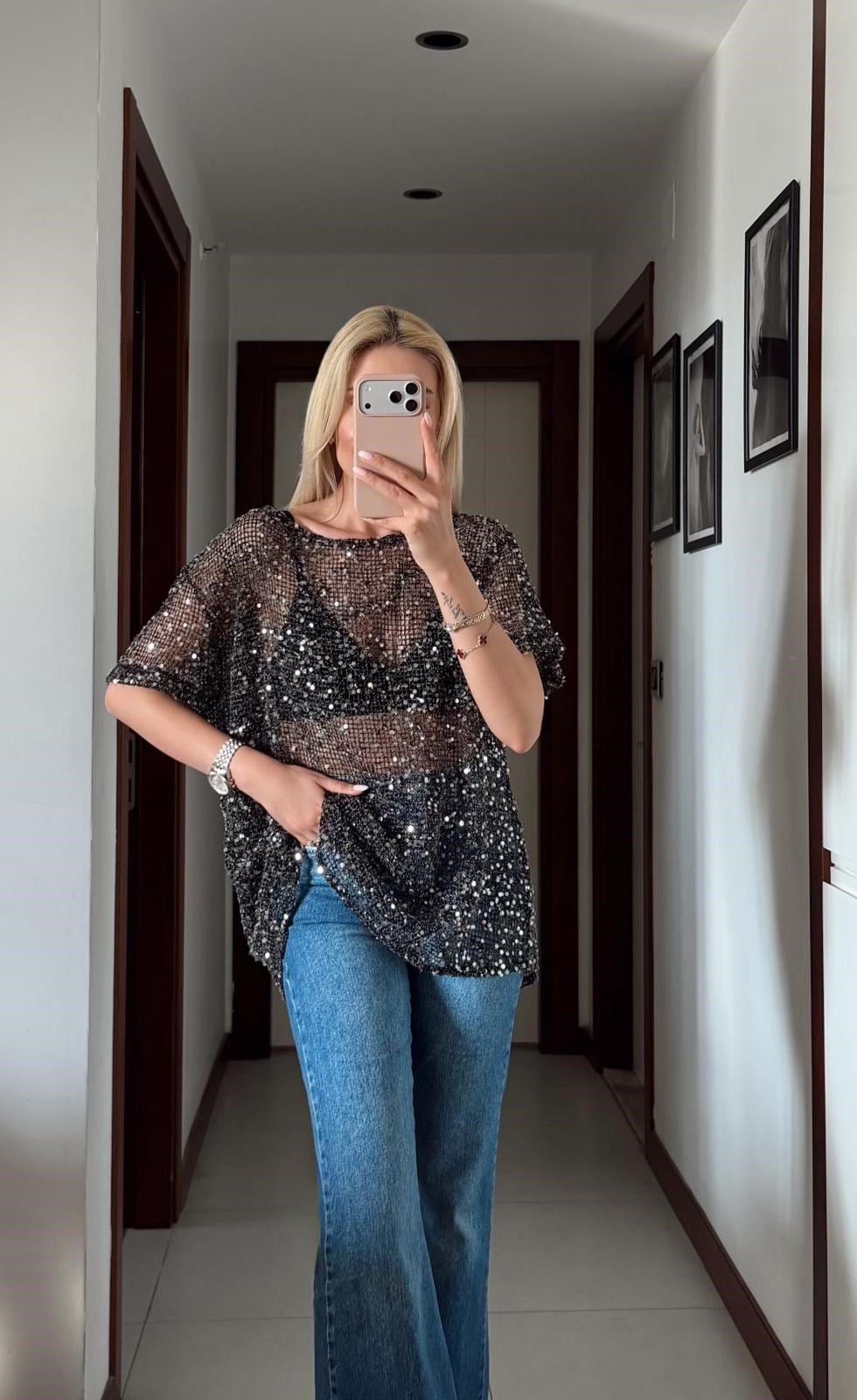 SİYAH ORJ MARKA ZR PUL DETAYLI BLUZ