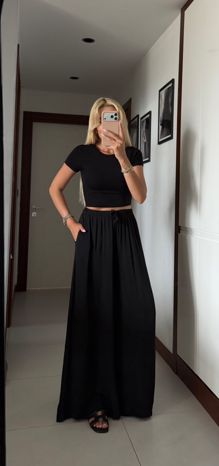 SİYAH SATEN BELDEN LASTİKLİ DÖKÜMLÜ PANTOLON