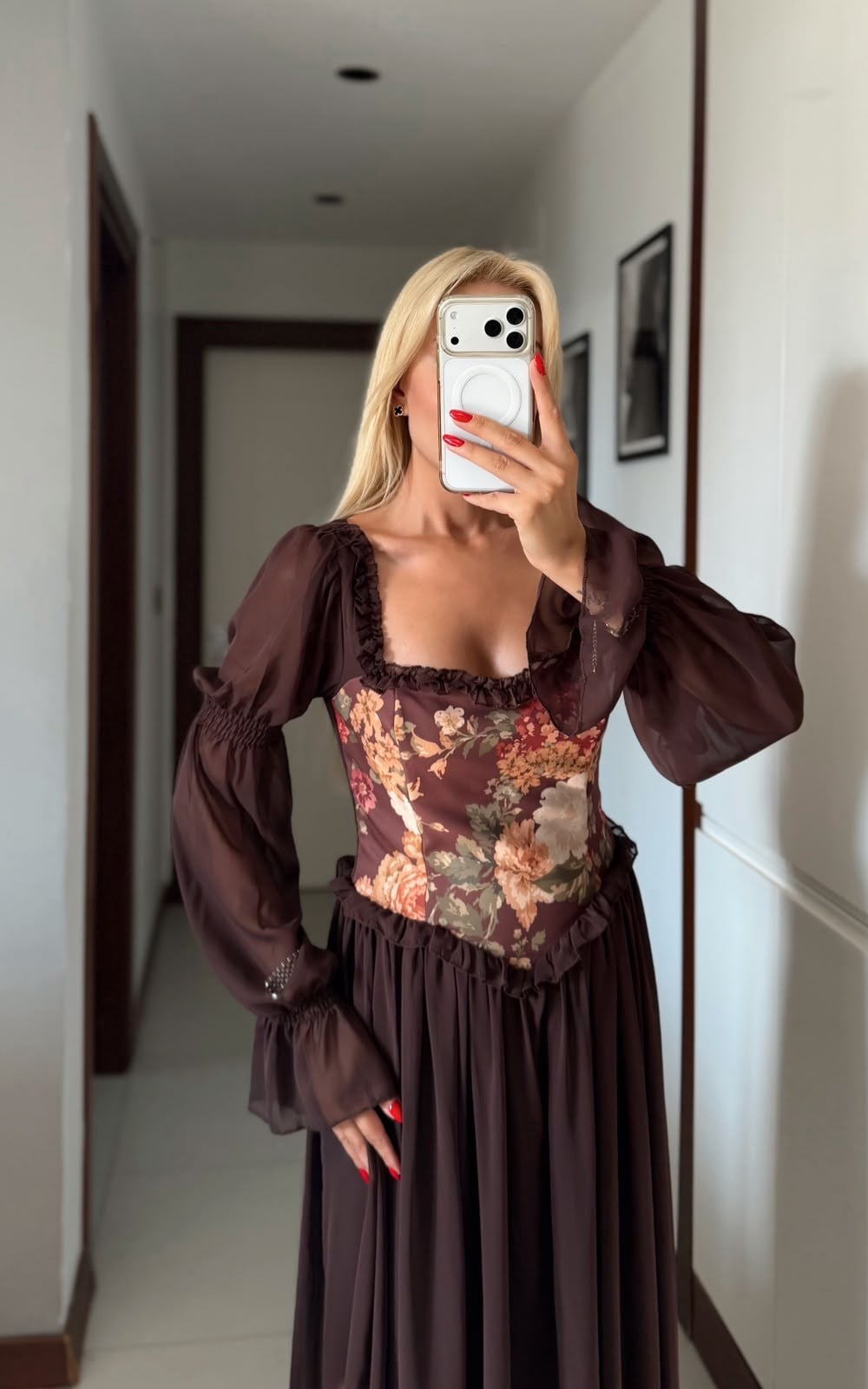 WEYLİS KAHVE ŞİFON VİNTAGE ASTARLI ELBİSE