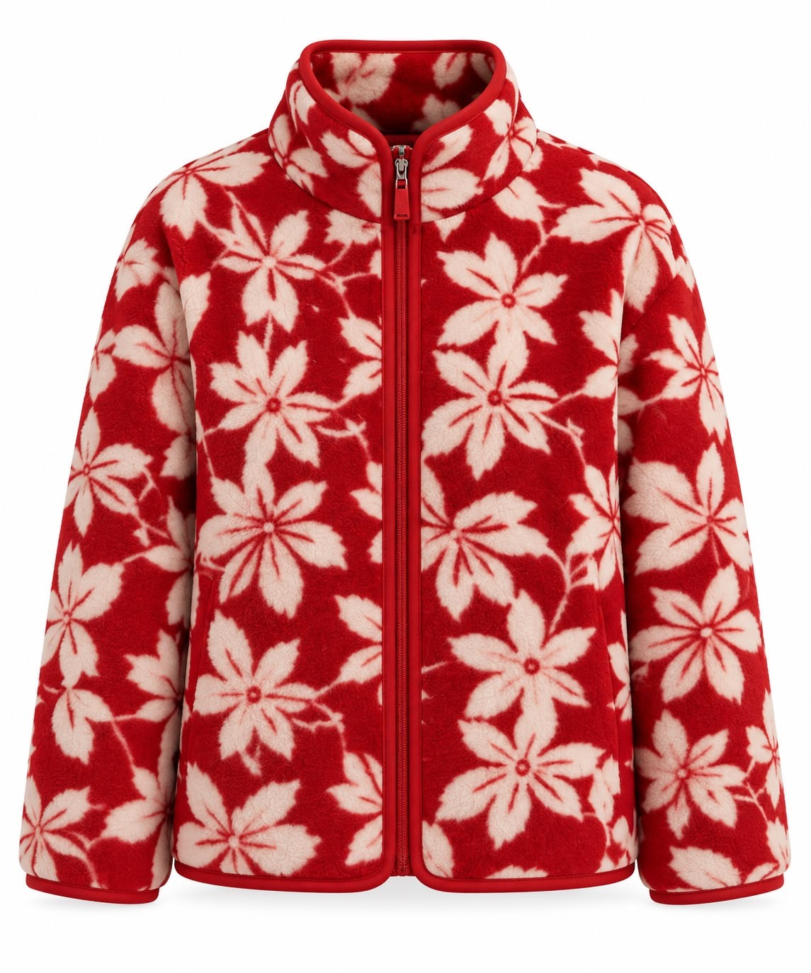 WOLEN ÇİÇEK DESENLİ KIRMIZI POLAR HIRKA