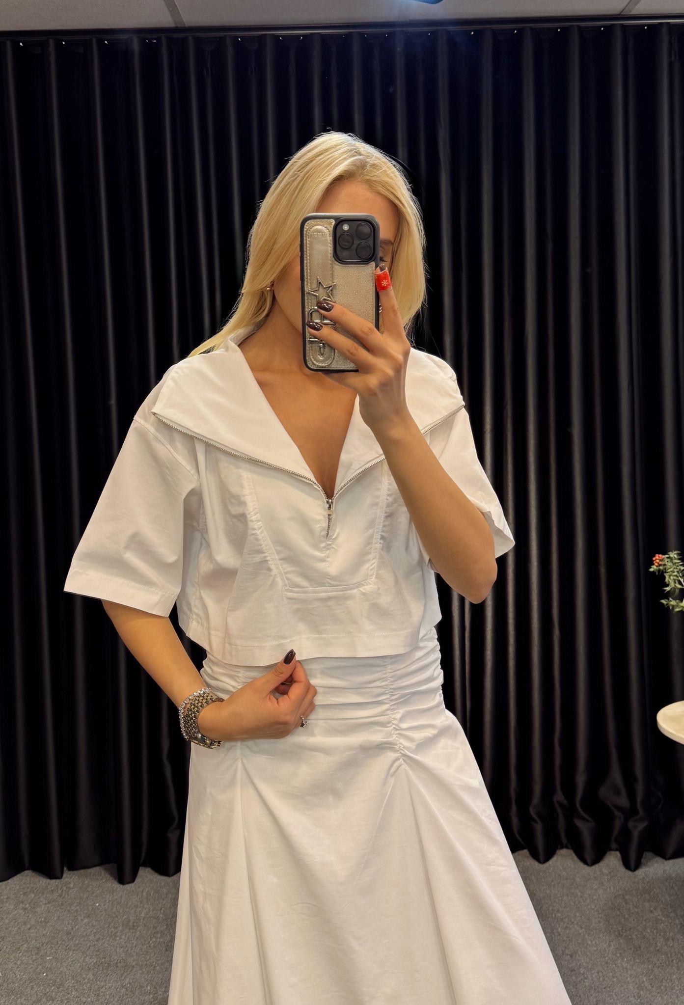 YAKA FERMUARLI POPLİN CROP BEYAZ