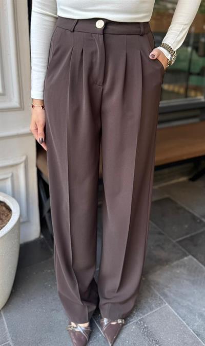 ACI KAHVE PİLELİ GOLD DÜĞME DETAYLI PALAZZO PANTOLON