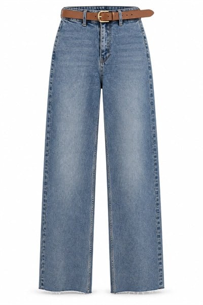 AÇIK MAVİ KEMERLİ KESİK PAÇA STRAİGHT JEAN