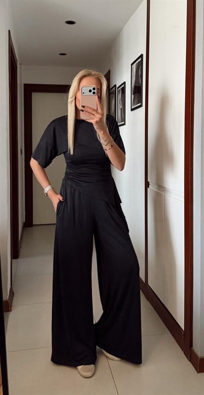 ANTRASİT RİBANA YANI BÜZGÜLÜ TSHİRT BELİ LASTİKLİ PANTOLON TAKIM