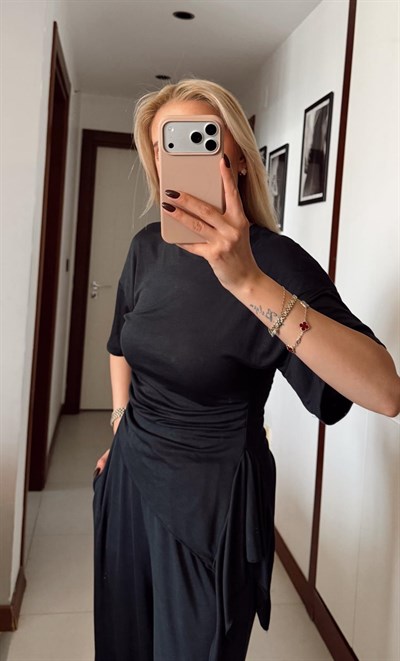 ANTRASİT RİBANA YANI BÜZGÜLÜ TSHİRT BELİ LASTİKLİ PANTOLON TAKIM