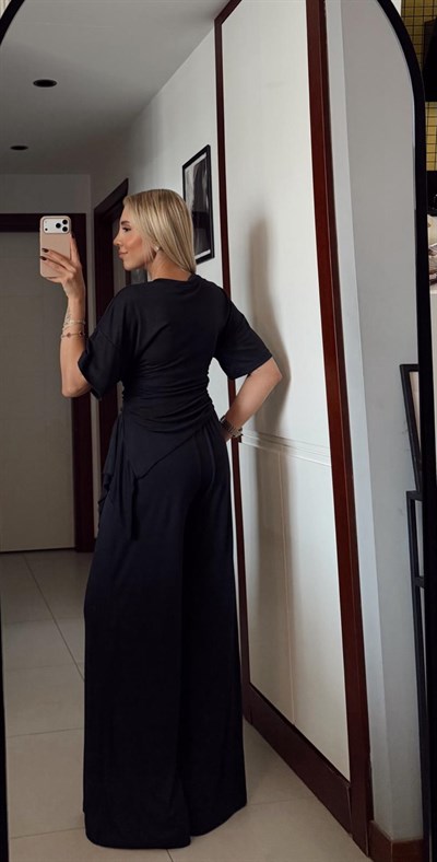 ANTRASİT RİBANA YANI BÜZGÜLÜ TSHİRT BELİ LASTİKLİ PANTOLON TAKIM