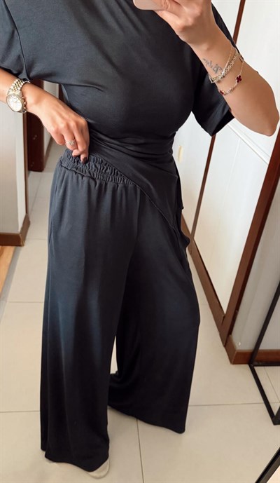 ANTRASİT RİBANA YANI BÜZGÜLÜ TSHİRT BELİ LASTİKLİ PANTOLON TAKIM