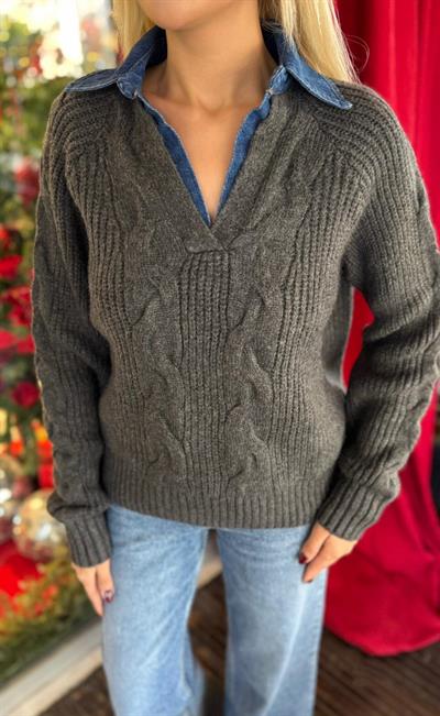 ANTRASİT YAKASI JEAN DETAYLI TRİKO KAZAK