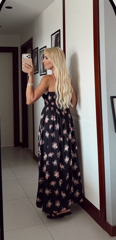ASHLEY SİYAH ÇİÇEK DESENLİ ELBİSE