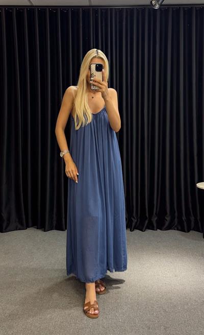 ASKILI ASTARLI GENİŞ KESİM RAHAT ELBİSE LACİVERT