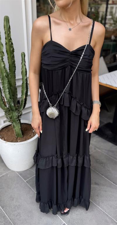 ASKILI FIRFIR DETAYLI ELBİSE SİYAH