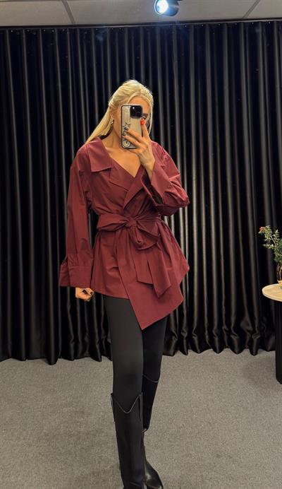 BAĞLAMA DETAYLI TASARIM OVERSİZE GÖMLEK BORDO