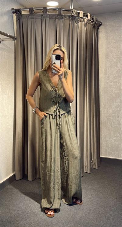 BAĞLAMA DETAYLI YELEK PANTOLON TAKIM HAKİ