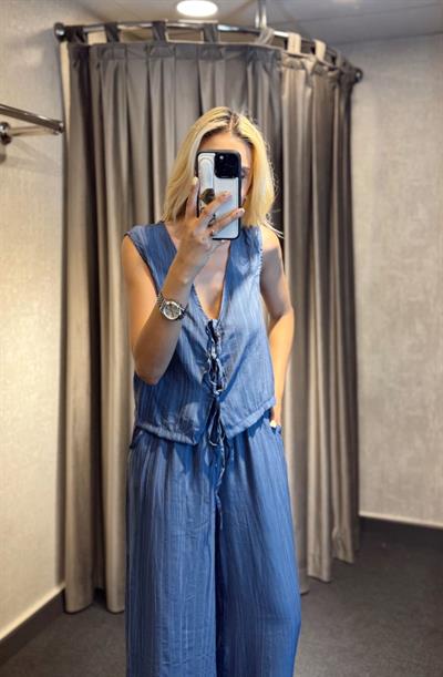 BAĞLAMA DETAYLI YELEK PANTOLON TAKIM İNDİGO