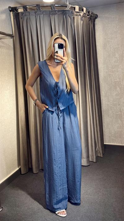 BAĞLAMA DETAYLI YELEK PANTOLON TAKIM İNDİGO