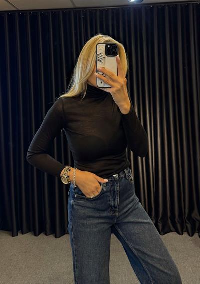 BALIKÇI YAKA UZUN KOL TRANSPARAN BLUZ SİYAH