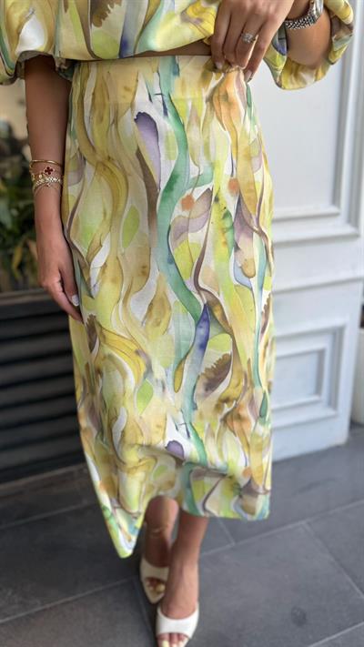 BALON KOL CROP BLUZ ÇAN ETEK TAKIM SARI