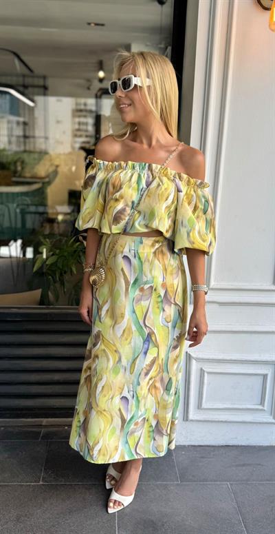 BALON KOL CROP BLUZ ÇAN ETEK TAKIM SARI