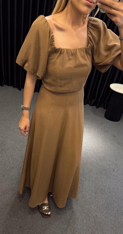 BALON KOL MAXİ BOY ELBİSE KAHVE