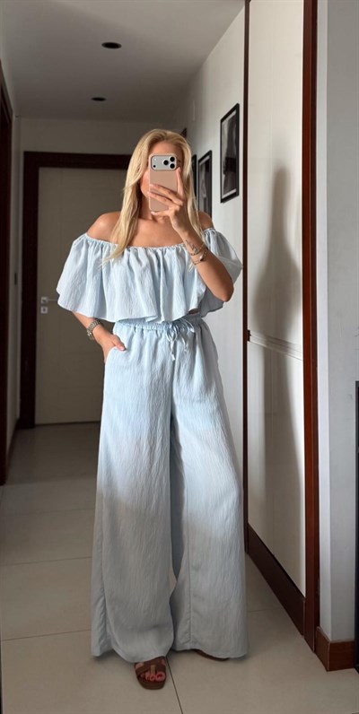 BEBE MAVİ FIRFIR DETAYLI BLUZ PANTOLON TAKIM
