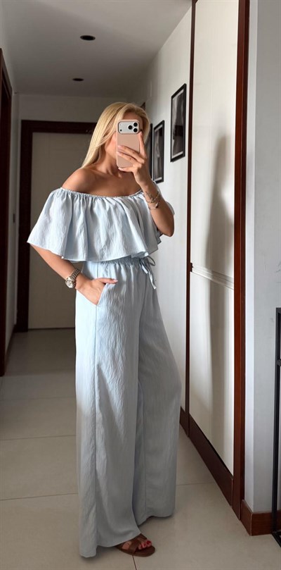 BEBE MAVİ FIRFIR DETAYLI BLUZ PANTOLON TAKIM