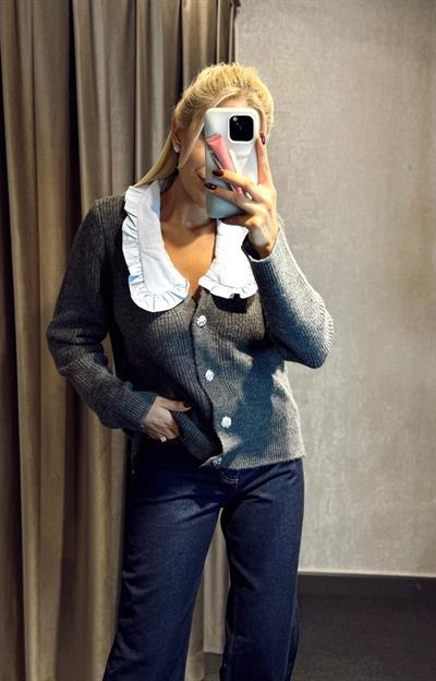 BEBE MAVİ YAKALI TRİKO HIRKA ANTRASİT