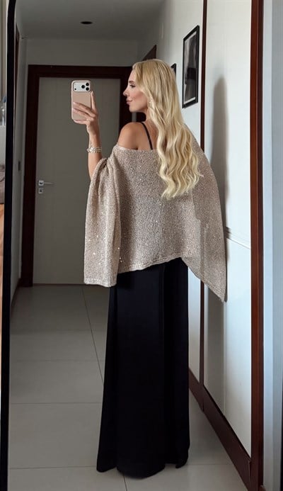 BEJ ASİMETRİK KESİM IŞILTILI PANÇO
