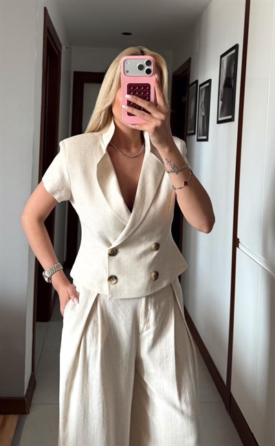 BEJ BELDEN OTURTMALI KETEN BLUZ PANTOLON TAKIM