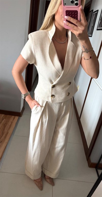 BEJ BELDEN OTURTMALI KETEN BLUZ PANTOLON TAKIM