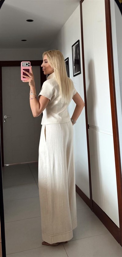 BEJ BELDEN OTURTMALI KETEN BLUZ PANTOLON TAKIM