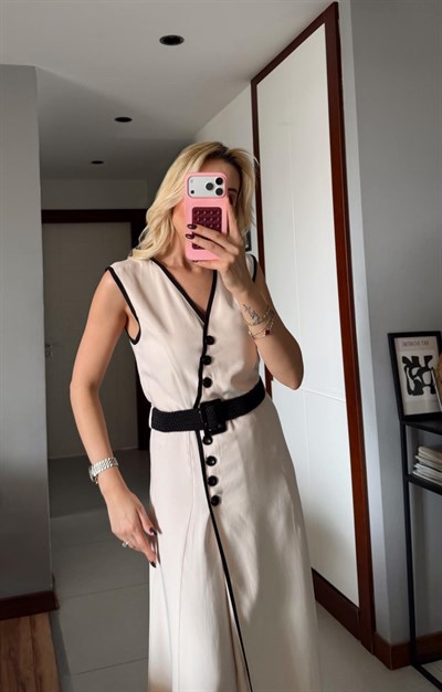 BEJ BİYELİ KEMERLİ KETEN ELBİSE