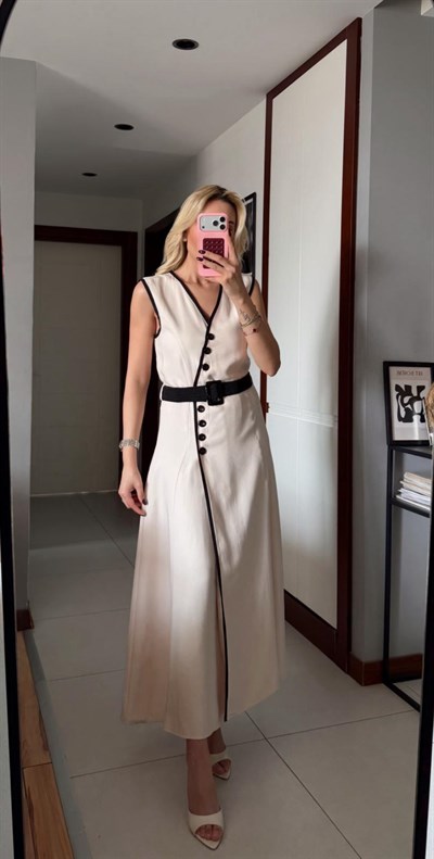 BEJ BİYELİ KEMERLİ KETEN ELBİSE