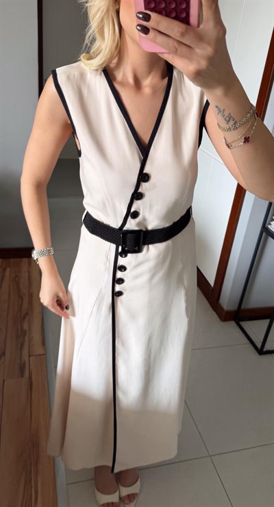 BEJ BİYELİ KEMERLİ KETEN ELBİSE