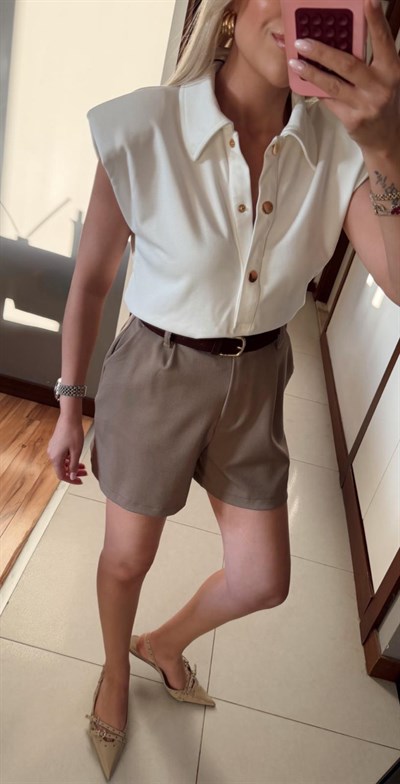 BEJ YÜKSEK BEL KEMERLİ ŞORT