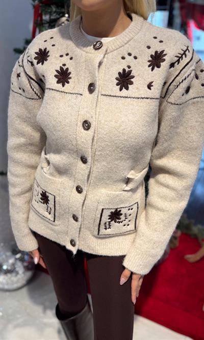 BEJ NAKIŞLI ÇİÇEKLİ KEMERLİ HIRKA