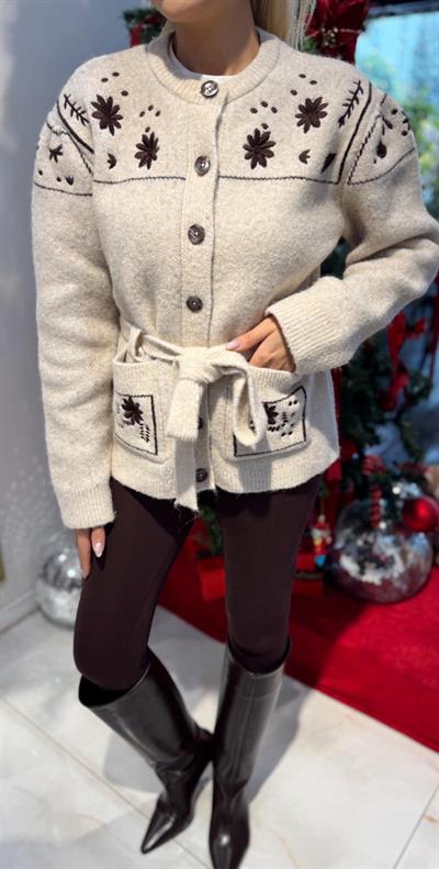 BEJ NAKIŞLI ÇİÇEKLİ KEMERLİ HIRKA