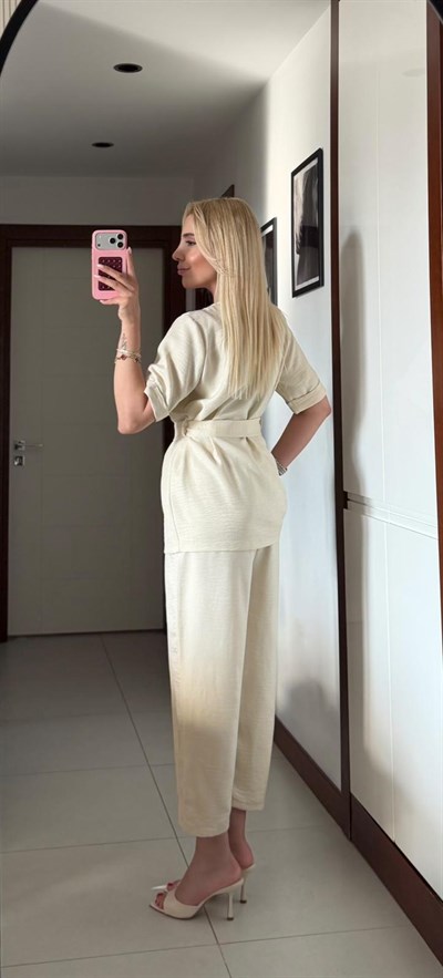 BEJ ORJ MARKA ZR KETEN KEMERLİ YELEK PANTOLON TAKIM