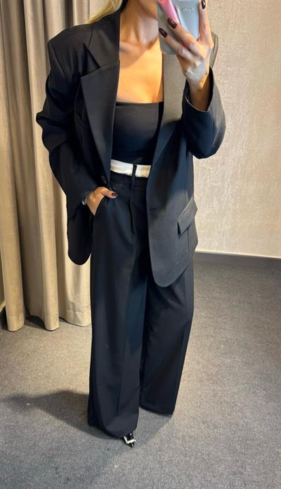 BEL DETAYLI PALAZZO PANTOLON SİYAH