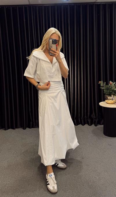 BEL DRAPELİ POPLİN BALON ETEK BEYAZ