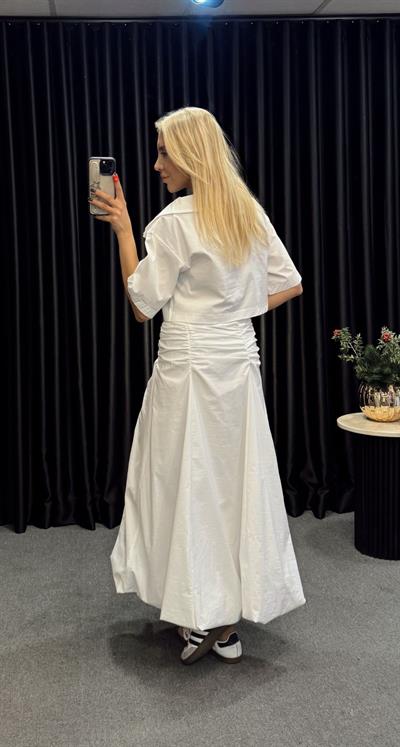 BEL DRAPELİ POPLİN BALON ETEK BEYAZ