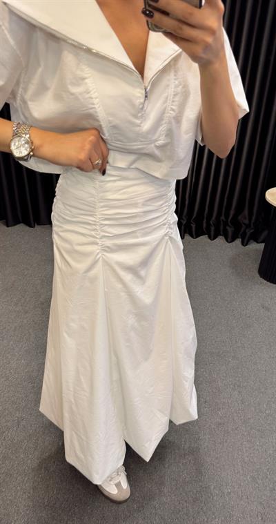 BEL DRAPELİ POPLİN BALON ETEK BEYAZ