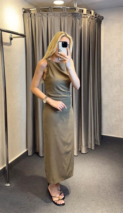 BELDEN BÜZGÜLÜ MİDİ BOY ELBİSE HAKİ