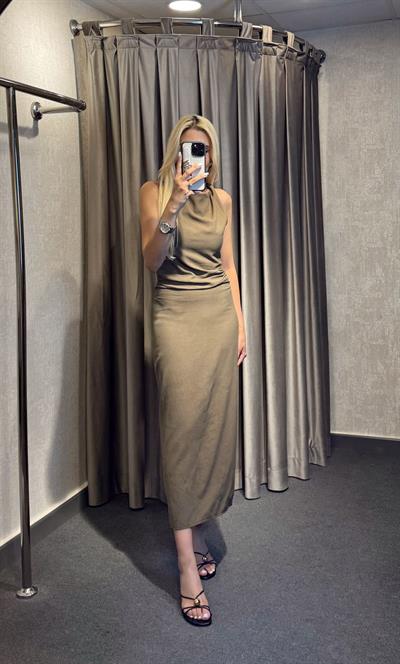 BELDEN BÜZGÜLÜ MİDİ BOY ELBİSE HAKİ