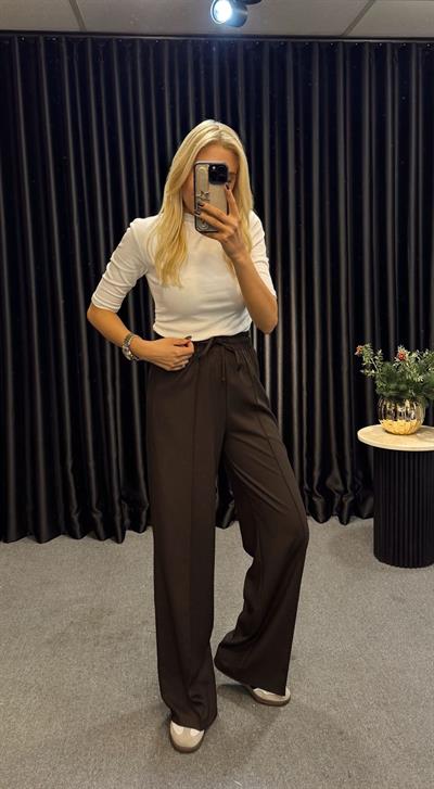 BELİ LASTİKLİ BAĞLAMALI VİSKON PANTOLON KOYU KAHVE