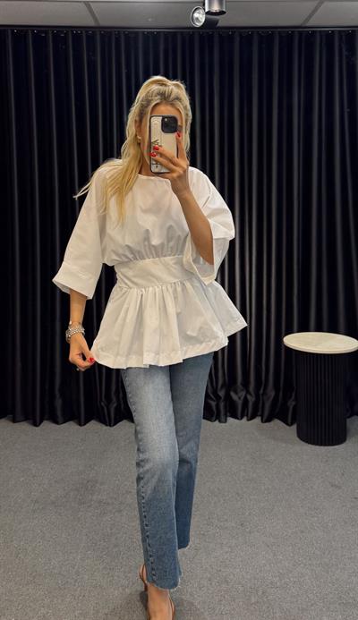 BELİ ŞERİTLİ TASARIM BLUZ BEYAZ