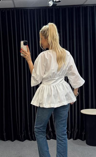 BELİ ŞERİTLİ TASARIM BLUZ BEYAZ