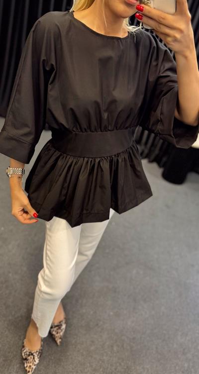 BELİ ŞERİTLİ TASARIM BLUZ SİYAH