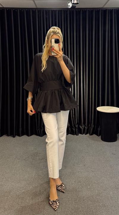 BELİ ŞERİTLİ TASARIM BLUZ SİYAH