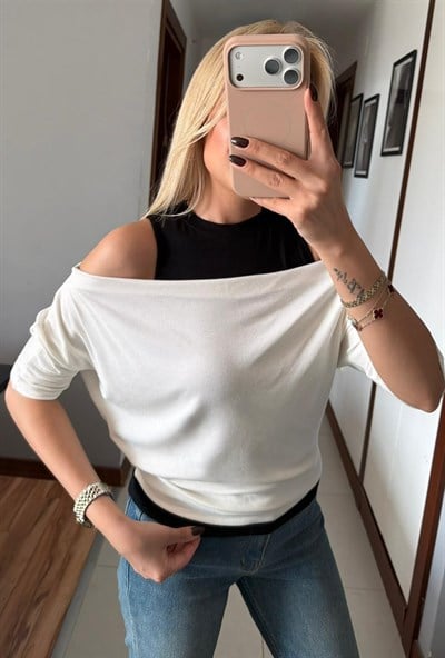 BEYAZ KAYIK YAKA ÇIKARILABİLİR BLUZ ATLET TSHİRT TAKIM